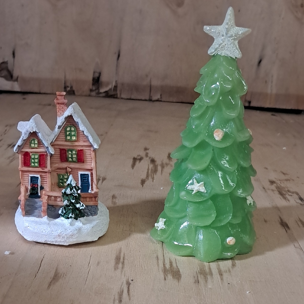 Festive Green Sea Glass Christmas Tree and Mini House Figurine Set
